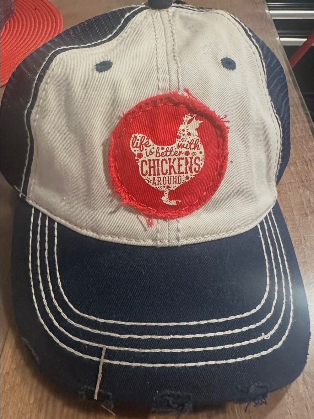 Distressed Chicken Patch Trucker Hat in Navy & Cream with Red Accent